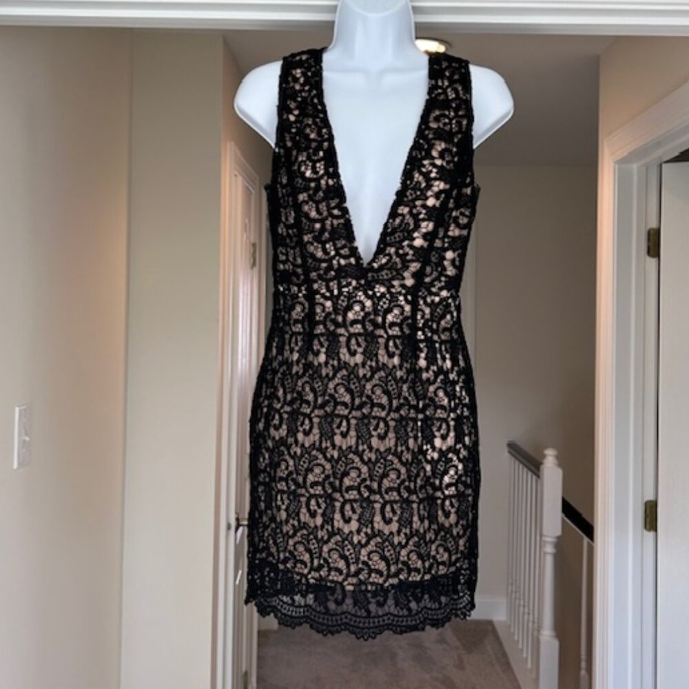 Forever 21 Black Lace Plunge Dress | Nude Lining | Sexy Night-Out | Size S
